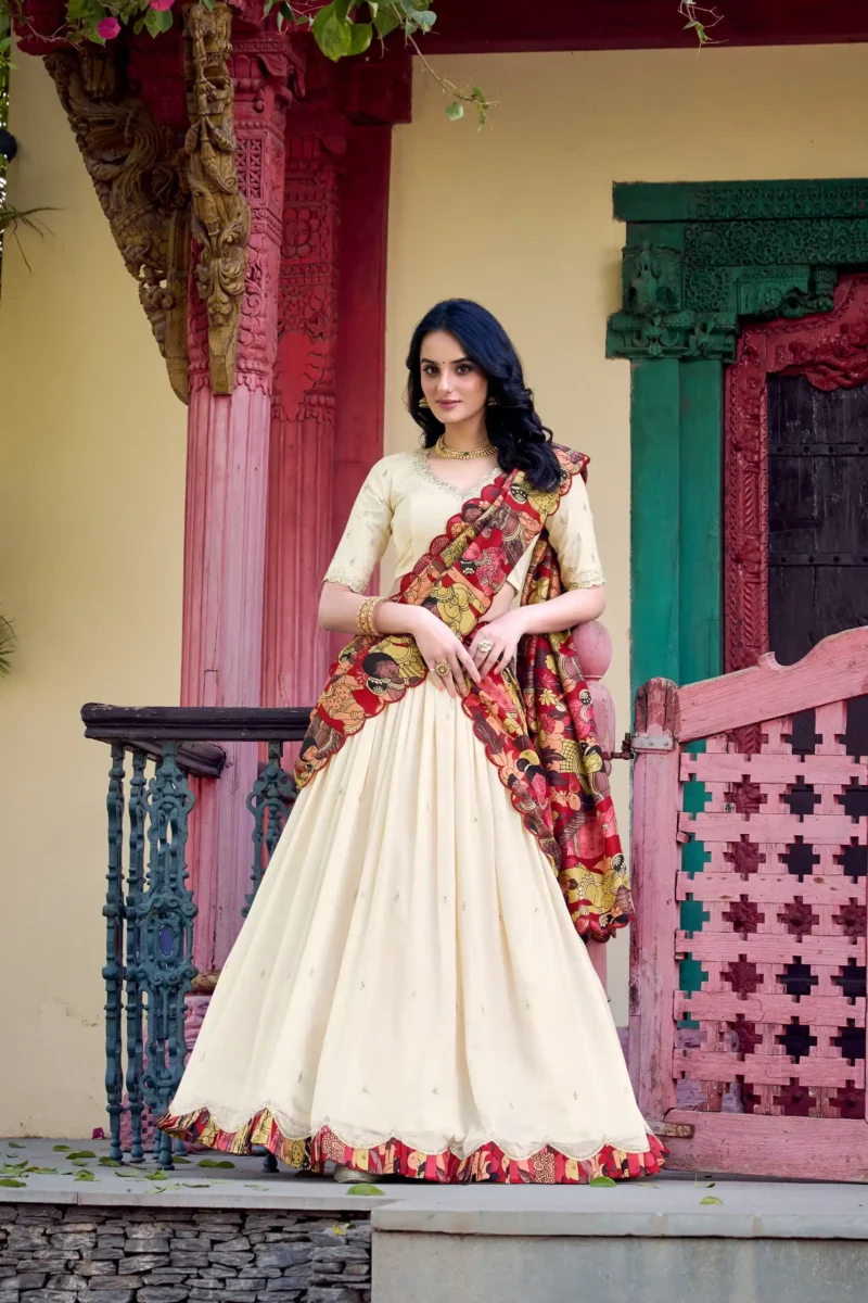 Off WhiteColour Kalamkari printed Vichitra Silk half saree lehenga with sequins and embroidery