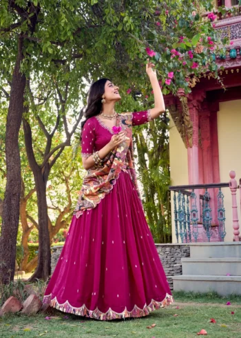 Designer Lehengas 14 Pink Colour Kalamkari printed Vichitra Silk half saree lehenga with sequins and embroidery