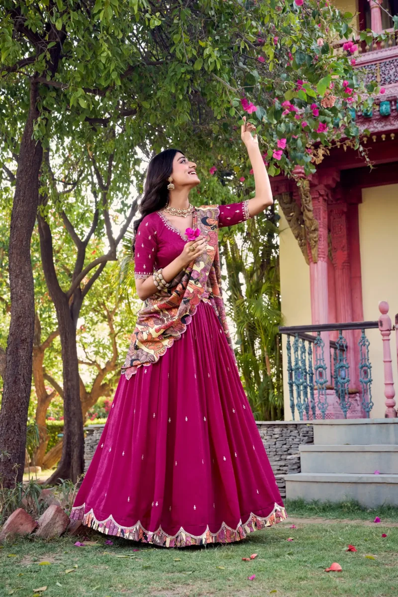 Pink Colour Kalamkari printed Vichitra Silk half saree lehenga with sequins and embroidery
