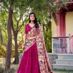 Pink Colour Kalamkari printed Vichitra Silk half saree lehenga with sequins and embroidery front look
