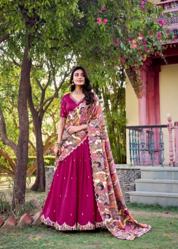 Pink Colour Kalamkari printed Vichitra Silk half saree lehenga with sequins and embroidery front look