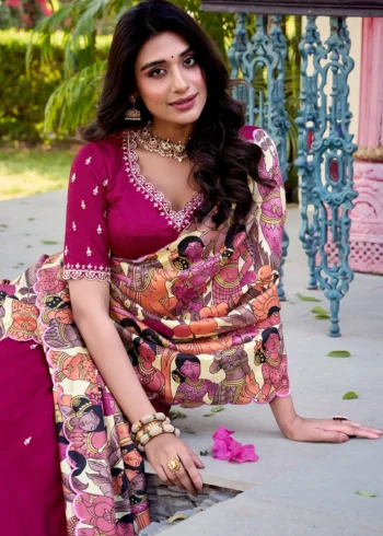 Pink Colour Kalamkari printed Vichitra Silk half saree lehenga with sequins and embroidery close look