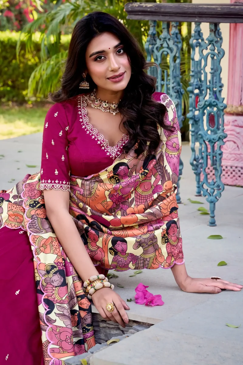 Pink Colour Kalamkari printed Vichitra Silk half saree lehenga with sequins and embroidery close look