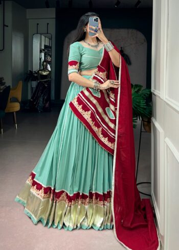 Light teal Rayon Navratri Garba lehenga front look