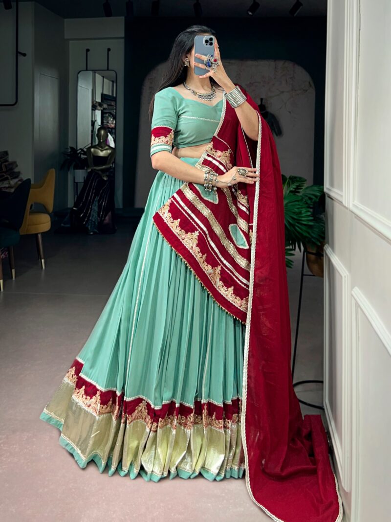Light teal Rayon Navratri Garba lehenga front look