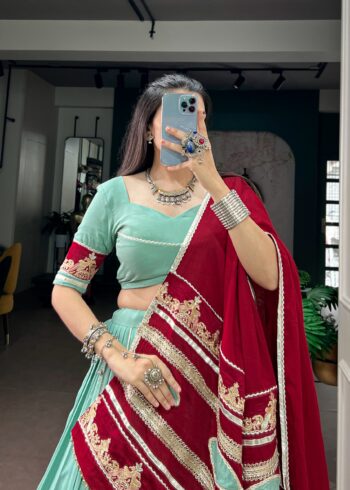 Light teal Rayon Navratri Garba lehenga close look
