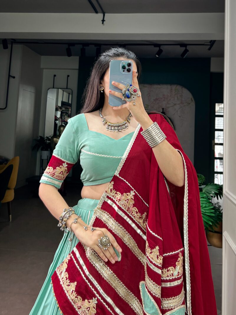 Light teal Rayon Navratri Garba lehenga close look