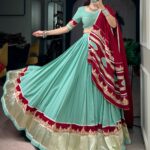 Light teal Rayon Navratri Garba lehenga flair look