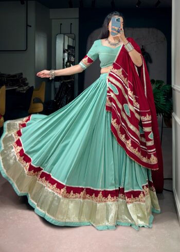 Light teal Rayon Navratri Garba lehenga flair look