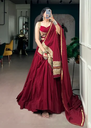 Maroon Mal Cotton Navratri chaniya choli with sequins and thread embroidery front look