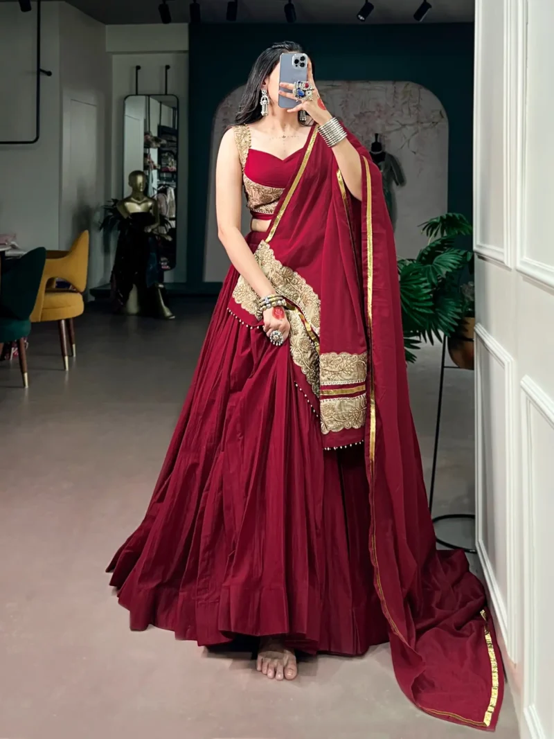 Maroon Mal Cotton Navratri chaniya choli with sequins and thread embroidery front look