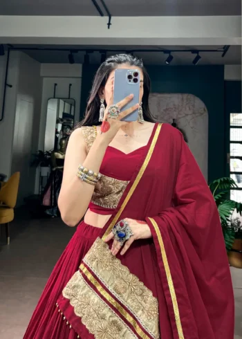 Maroon Mal Cotton Navratri chaniya choli with sequins and thread embroidery close look