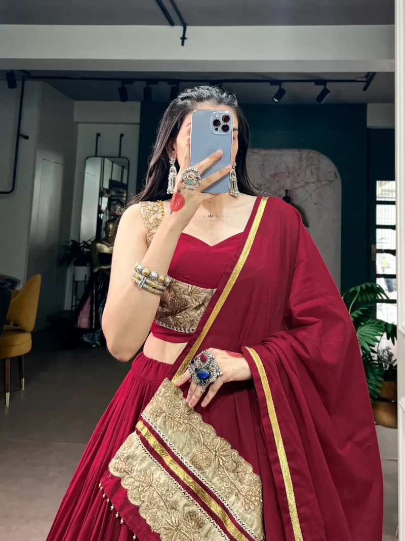 Maroon Mal Cotton Navratri chaniya choli with sequins and thread embroidery close look