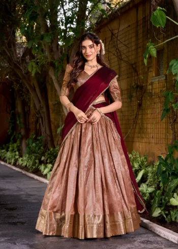 Pastel Peach colour South Indian lehenga in Dupion Silk with Zari weaving front look