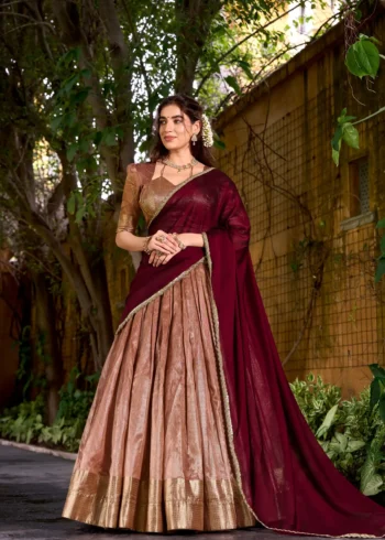 Pastel Peach colour South Indian lehenga in Dupion Silk with Zari weaving