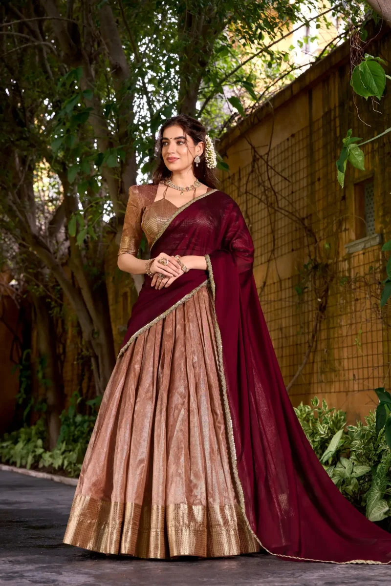 Pastel Peach colour South Indian lehenga in Dupion Silk with Zari weaving