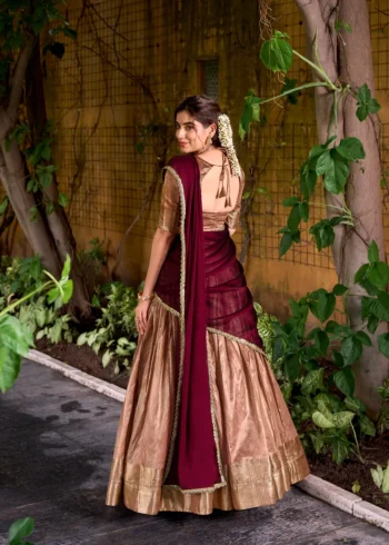 Pastel Peach colour South Indian lehenga in Dupion Silk with Zari weaving back side design