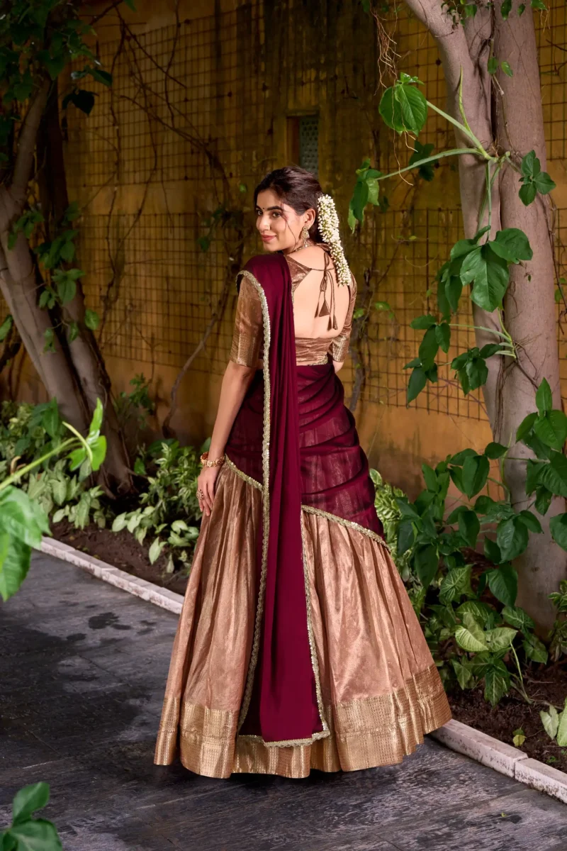Pastel Peach colour South Indian lehenga in Dupion Silk with Zari weaving back side design