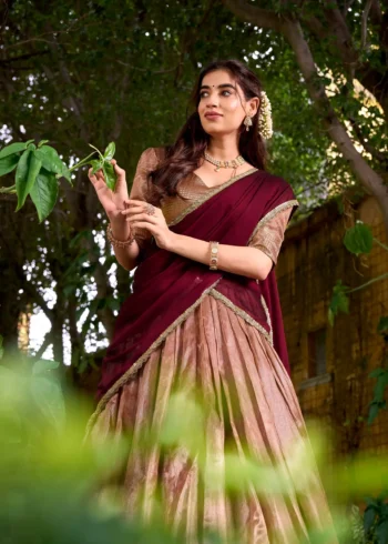 Pastel Peach colour South Indian lehenga in Dupion Silk with Zari weaving close look