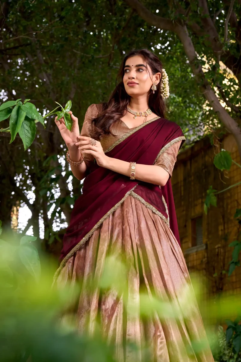 Pastel Peach colour South Indian lehenga in Dupion Silk with Zari weaving close look