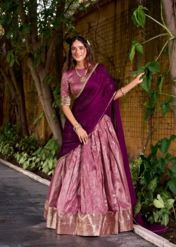 Pastel Pink colour South Indian lehenga in Dupion Silk with Zari weaving