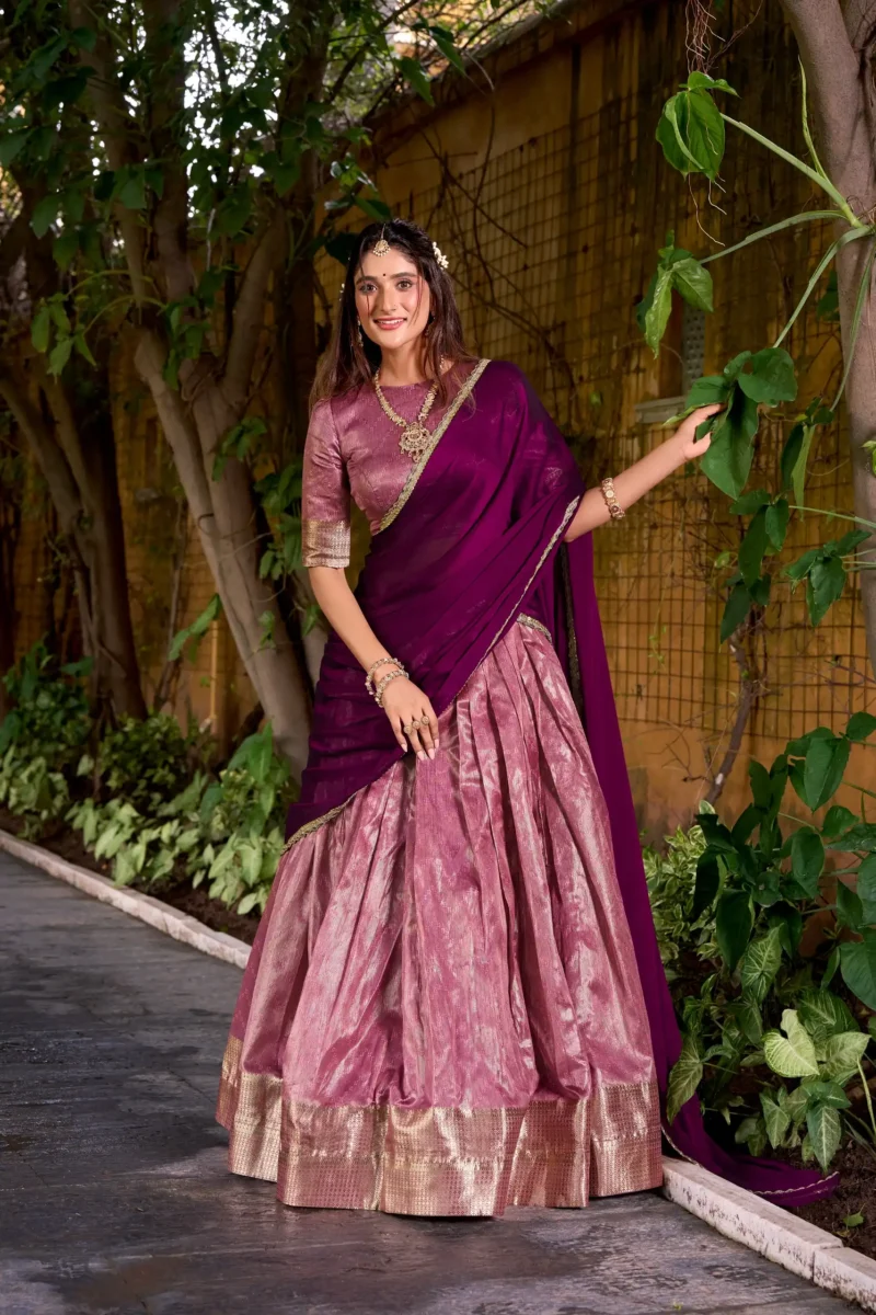 Pastel Pink colour South Indian lehenga in Dupion Silk with Zari weaving