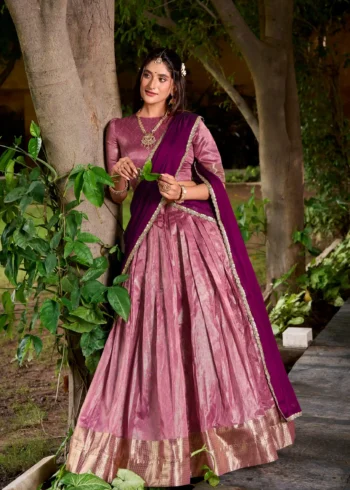 Pastel Pink colour South Indian lehenga in Dupion Silk with Zari weaving front look
