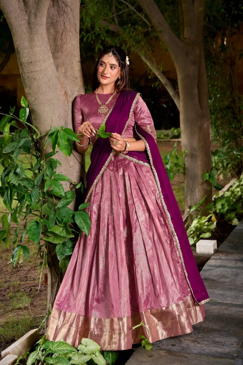 Pastel Pink colour South Indian lehenga in Dupion Silk with Zari weaving front look