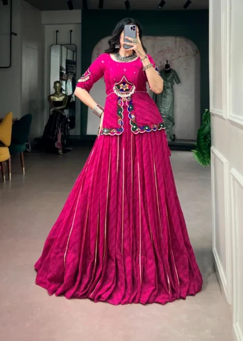 Pink Georgette Navratri Garba lehenga with Gota Patti lace and mirror lace blouse
