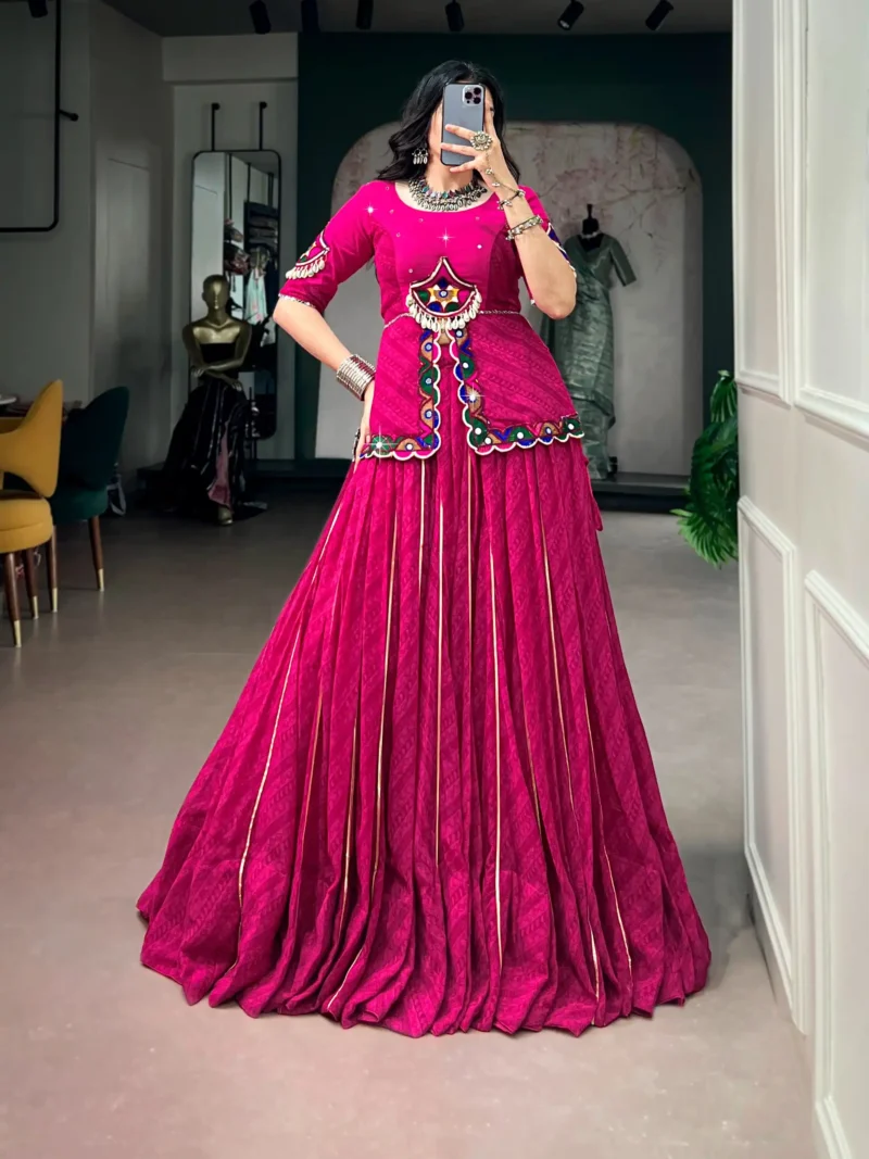 Pink Georgette Navratri Garba lehenga with Gota Patti lace and mirror lace blouse