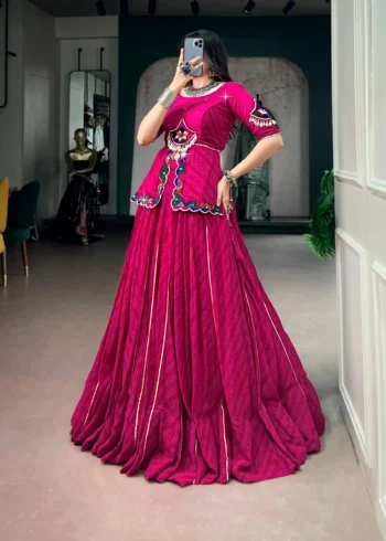 Pink Georgette Navratri Garba lehenga with Gota Patti lace and mirror lace blouse front look