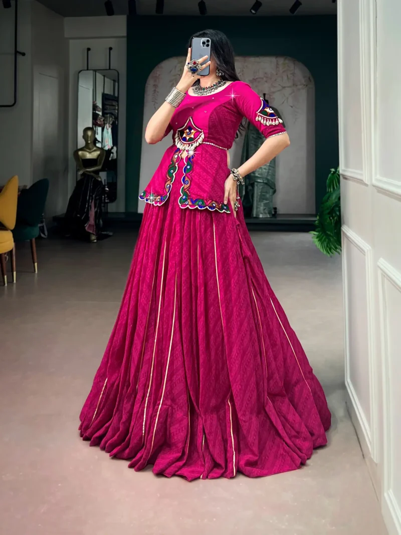 Pink Georgette Navratri Garba lehenga with Gota Patti lace and mirror lace blouse front look