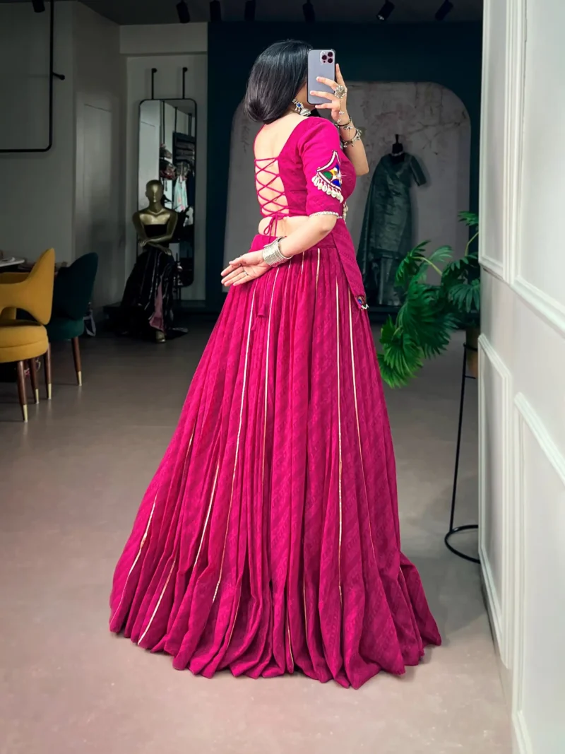 Pink Georgette Navratri Garba lehenga with Gota Patti lace and mirror lace blouse back side look