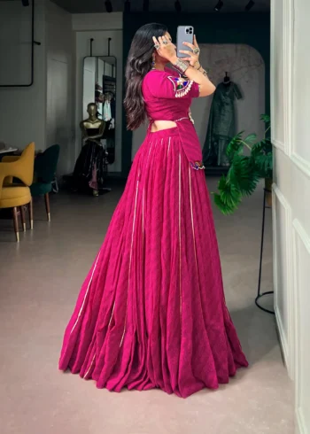 Pink Georgette Navratri Garba lehenga with Gota Patti lace and mirror lace blouse side look