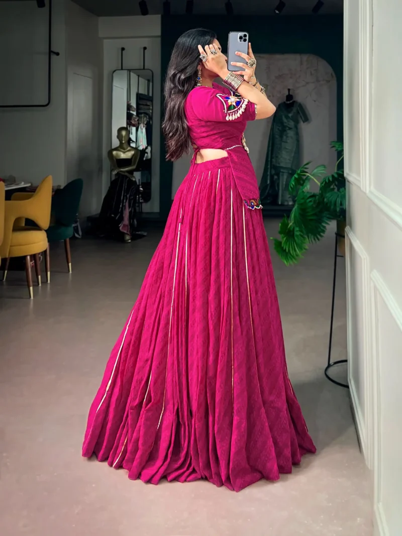 Pink Georgette Navratri Garba lehenga with Gota Patti lace and mirror lace blouse side look