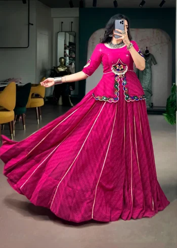 Pink Georgette Navratri Garba lehenga with Gota Patti lace and mirror lace blouse flair look