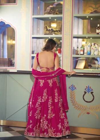 Pink Naysha bridesmaid lehenga with sequins and thread embroidery back side look