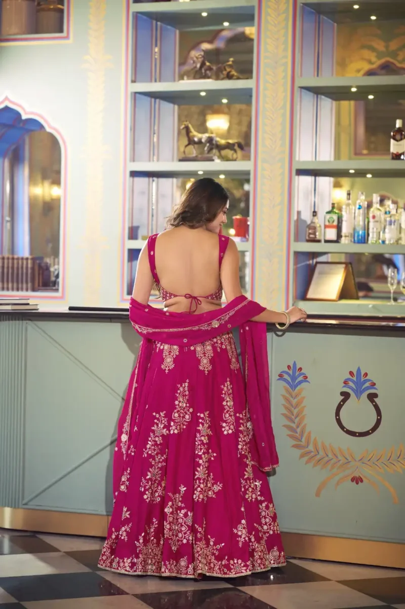 Pink Naysha bridesmaid lehenga with sequins and thread embroidery back side look