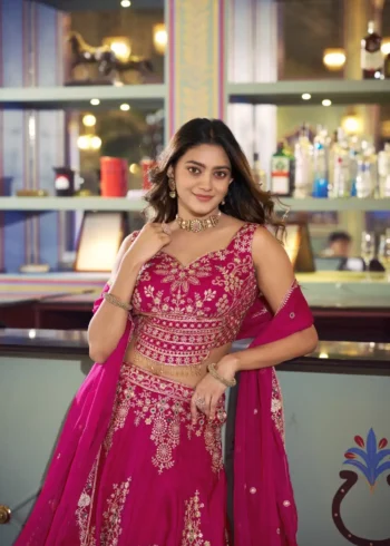 Pink Naysha bridesmaid lehenga with sequins and thread embroidery close look