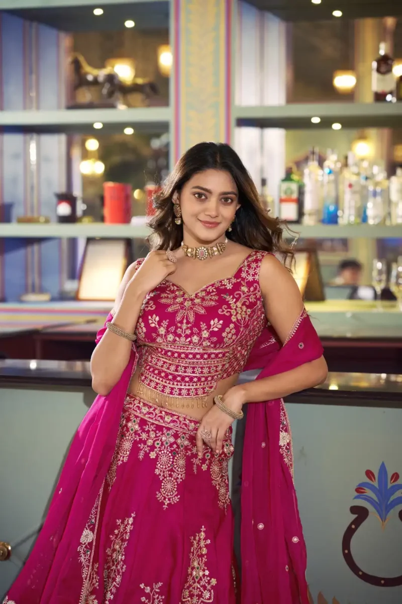 Pink Naysha bridesmaid lehenga with sequins and thread embroidery close look