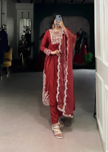 Rust orange Maska Cotton salwar suit with sequins and thread embroidery front look