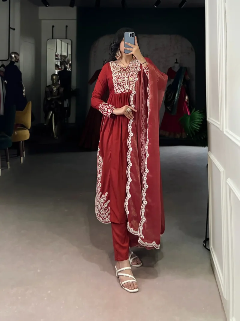 Rust orange Maska Cotton salwar suit with sequins and thread embroidery front look