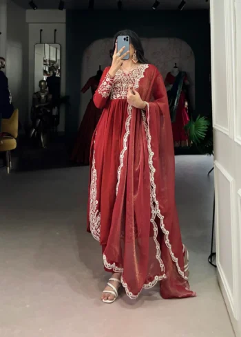 Rust orange Maska Cotton salwar suit with sequins and thread embroidery