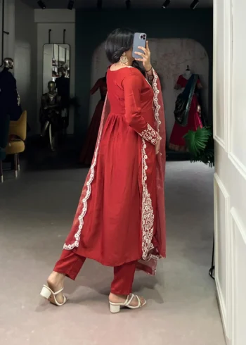 Rust orange Maska Cotton salwar suit with sequins and thread embroidery back side view