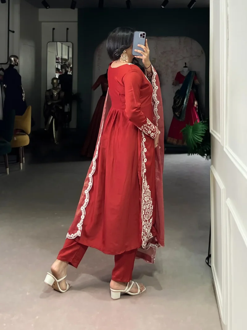 Rust orange Maska Cotton salwar suit with sequins and thread embroidery back side view