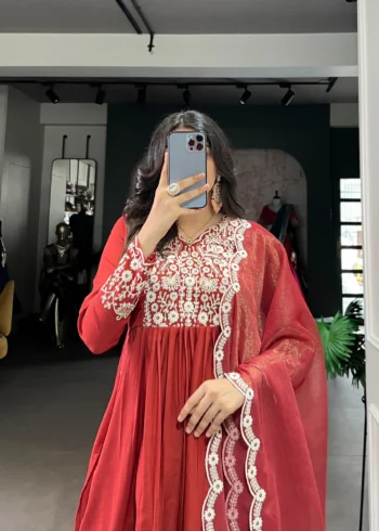 Rust orange Maska Cotton salwar suit with sequins and thread embroidery close look
