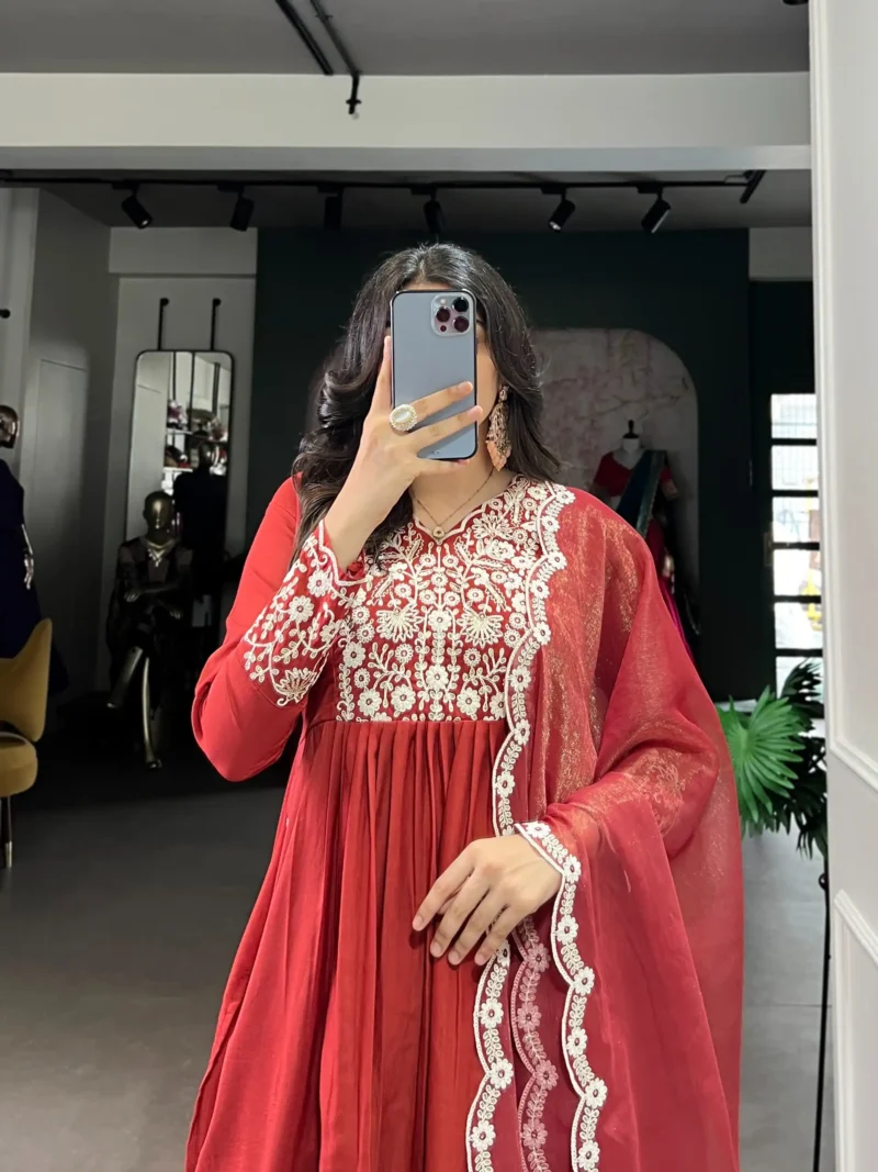 Rust orange Maska Cotton salwar suit with sequins and thread embroidery close look