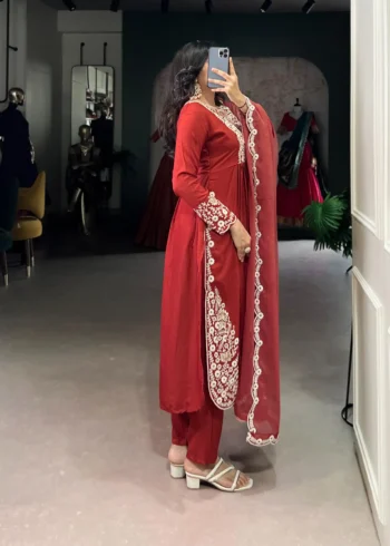 Rust orange Maska Cotton salwar suit with sequins and thread embroidery side look