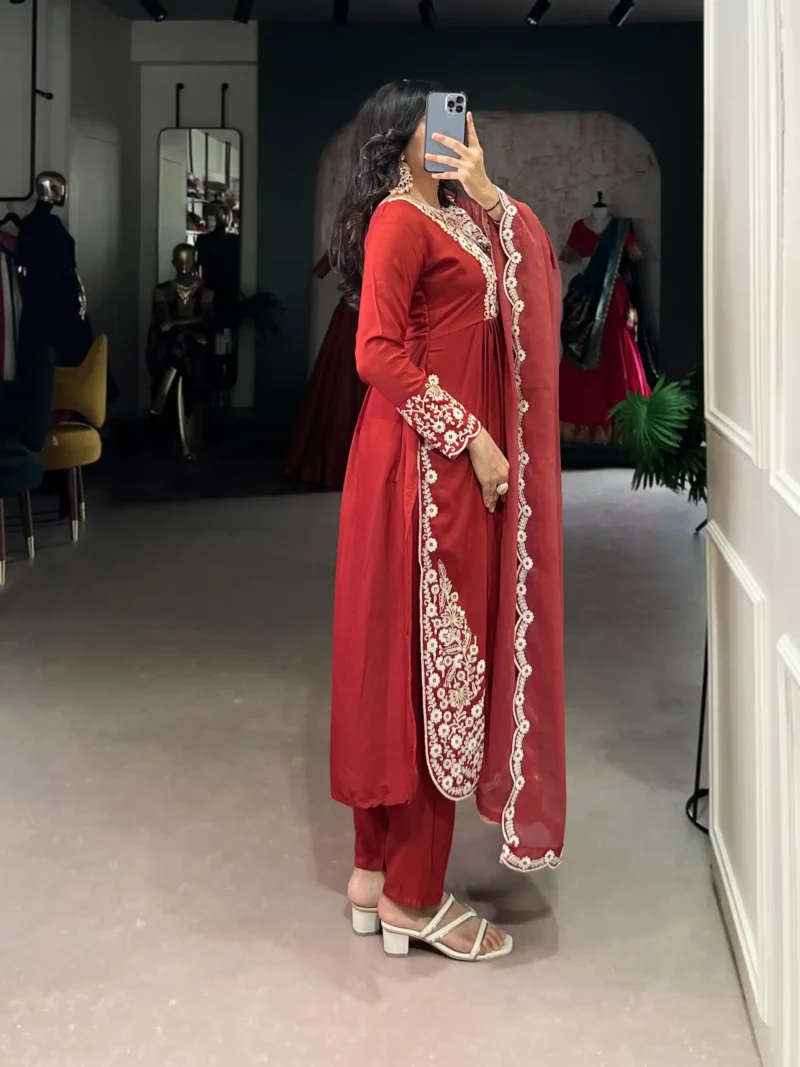 Rust orange Maska Cotton salwar suit with sequins and thread embroidery side look