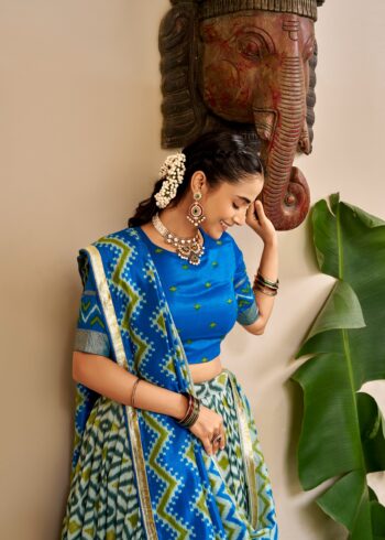 Blue Colour Tasar Silk printed Hyderabadi lehenga with Ikat and Foil Print detailing close look